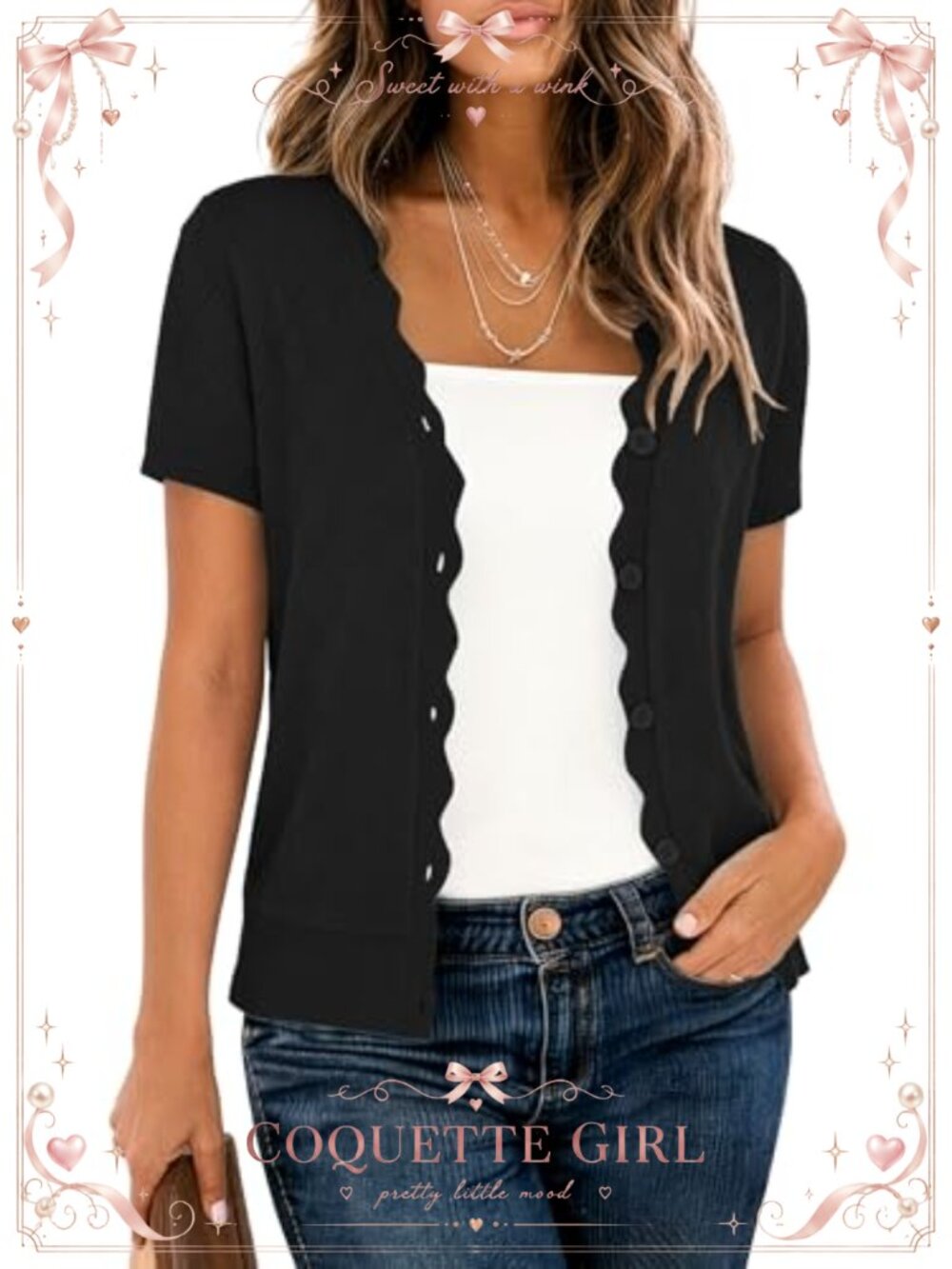 Women's Cardigan Scalloped V-Neck Pointelle Knit Sweater